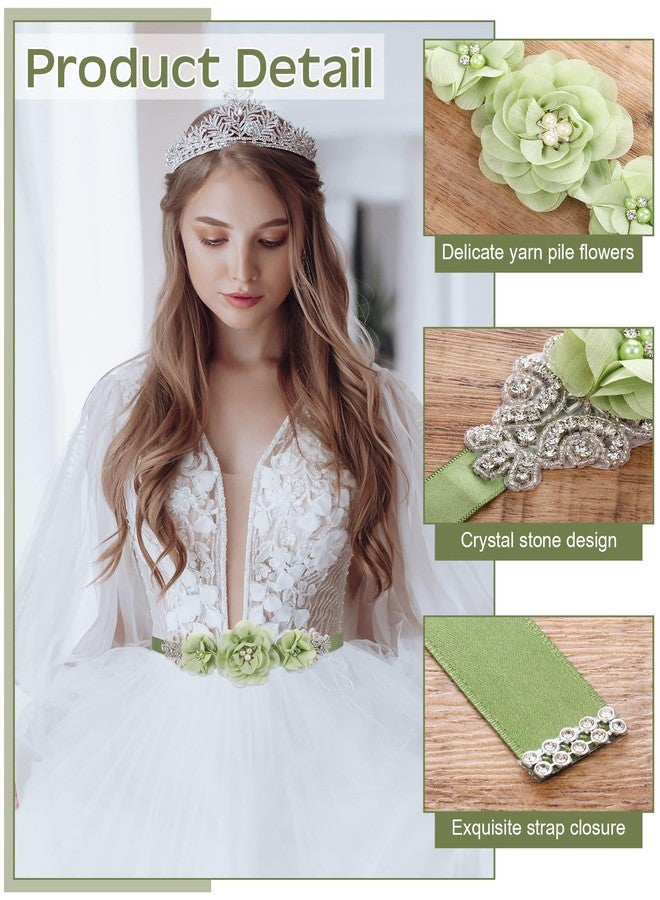 Glitopper Wedding Bridal Belt Sash with Flower Rhinestone Pearl for Bride Bridesmaid Maternity Flower Dress(Olive Green) - Image 4